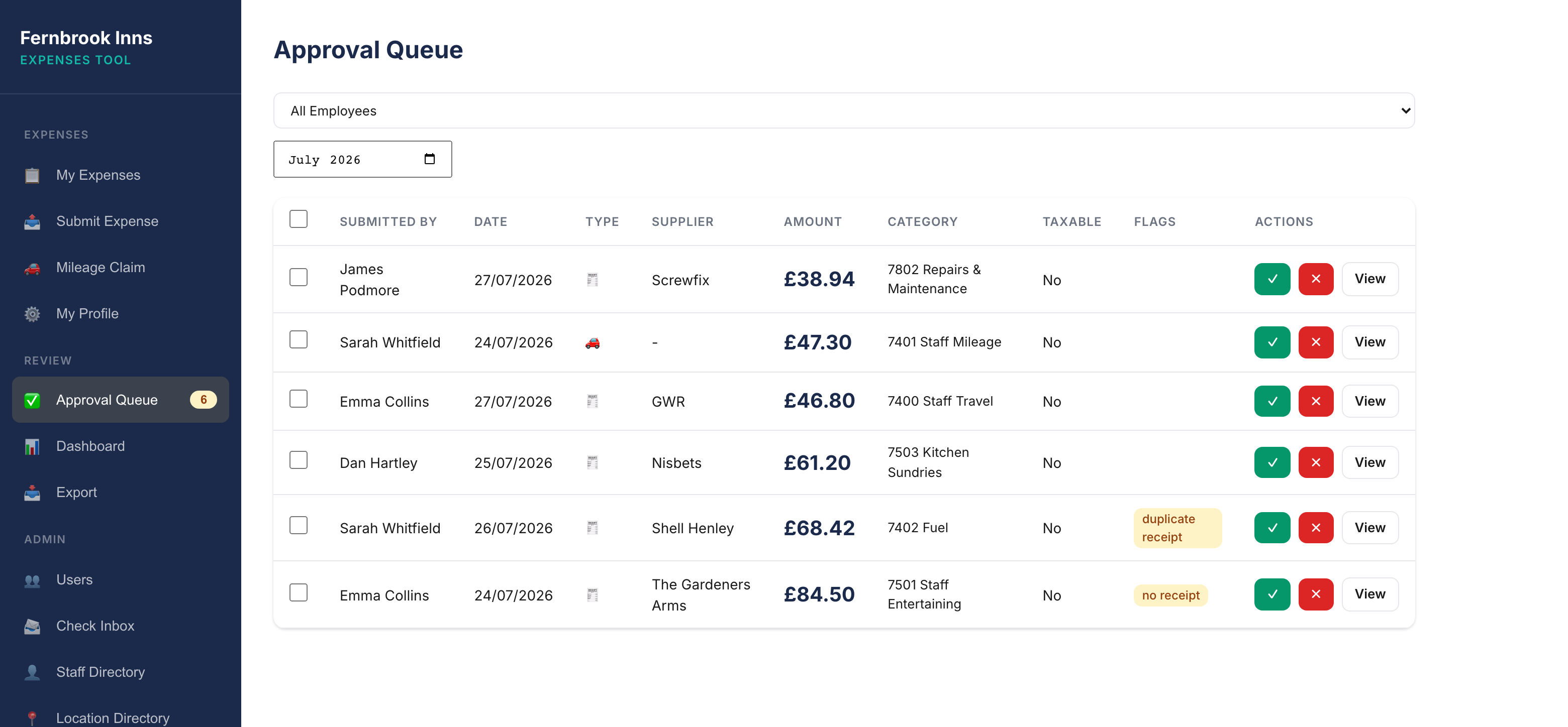 Expenses approval queue — claims with amounts, categories and flags